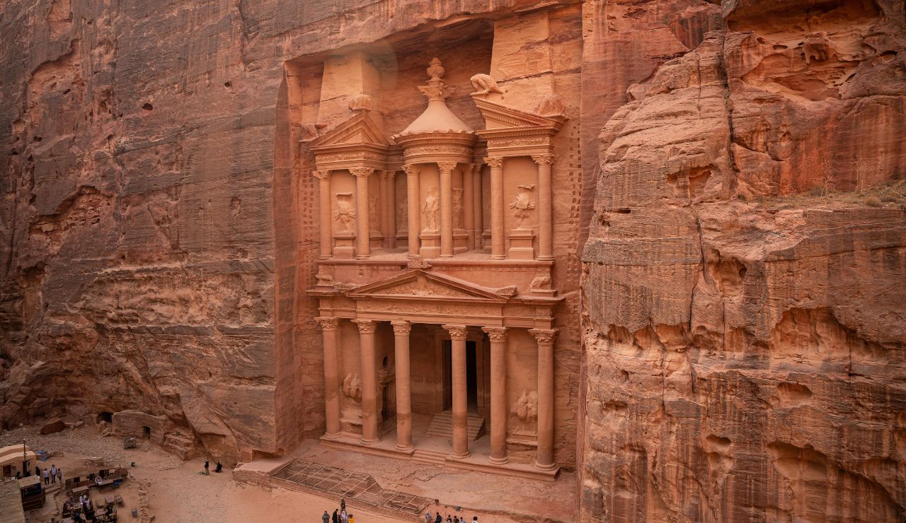 Petra’s Treasury seen through the Siq canyon in Jordan.