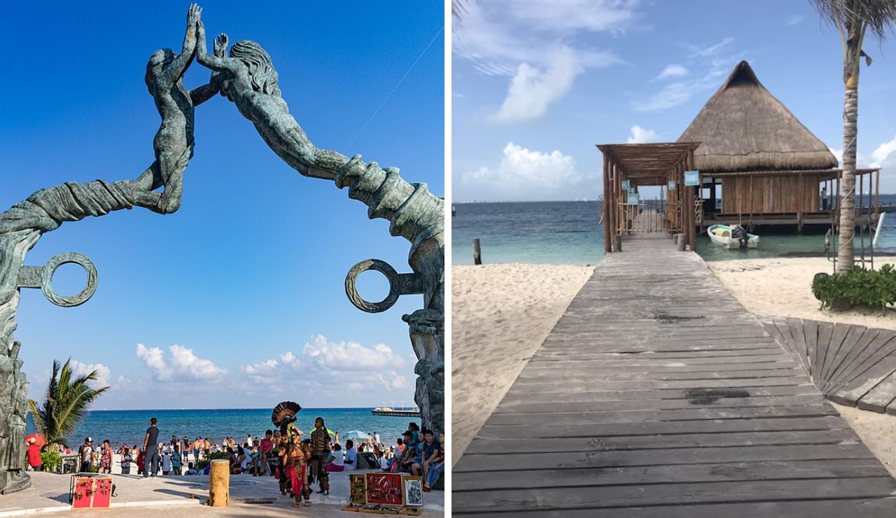 A split view comparing Playa del Carmen on the left, with its vibrant beach scene and the iconic "Portal Maya" sculpture, and Isla Mujeres on the right, featuring a tranquil wooden pier leading to a thatched-roof hut by the turquoise waters.