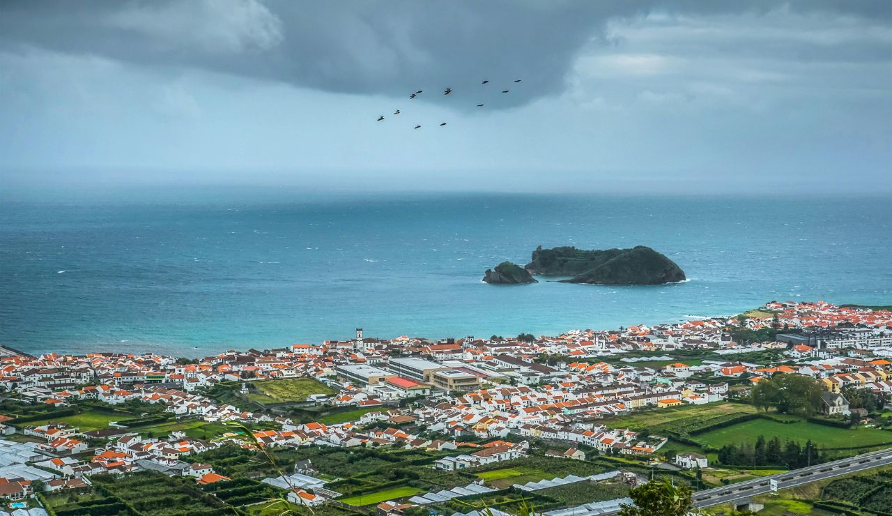 Aerial view of seaside town.