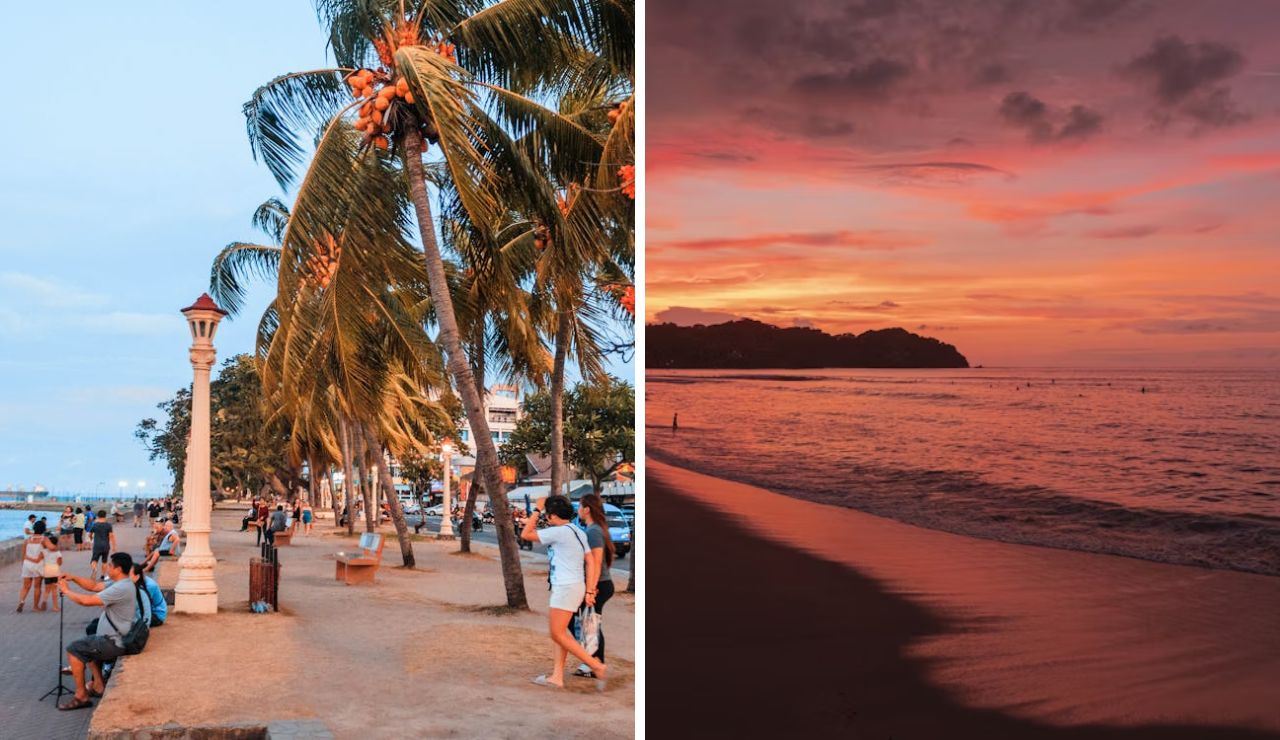 A split view comparing Puerto Vallarta on the left, showcasing a lively promenade with coconut trees and tourists, and Sayulita on the right, highlighting a peaceful sunset over the beach with surfers in the distance.