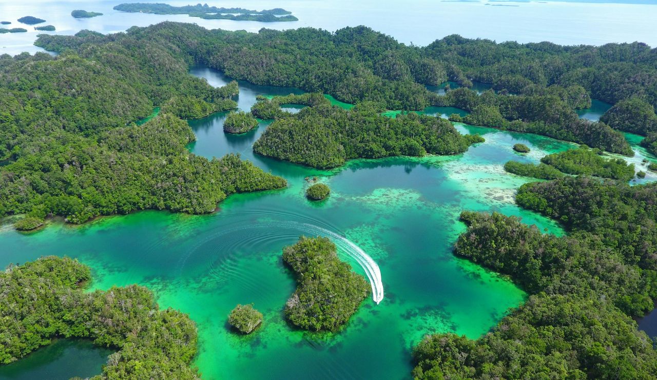 Scattered limestone islands and turquoise lagoons in Raja Ampat.