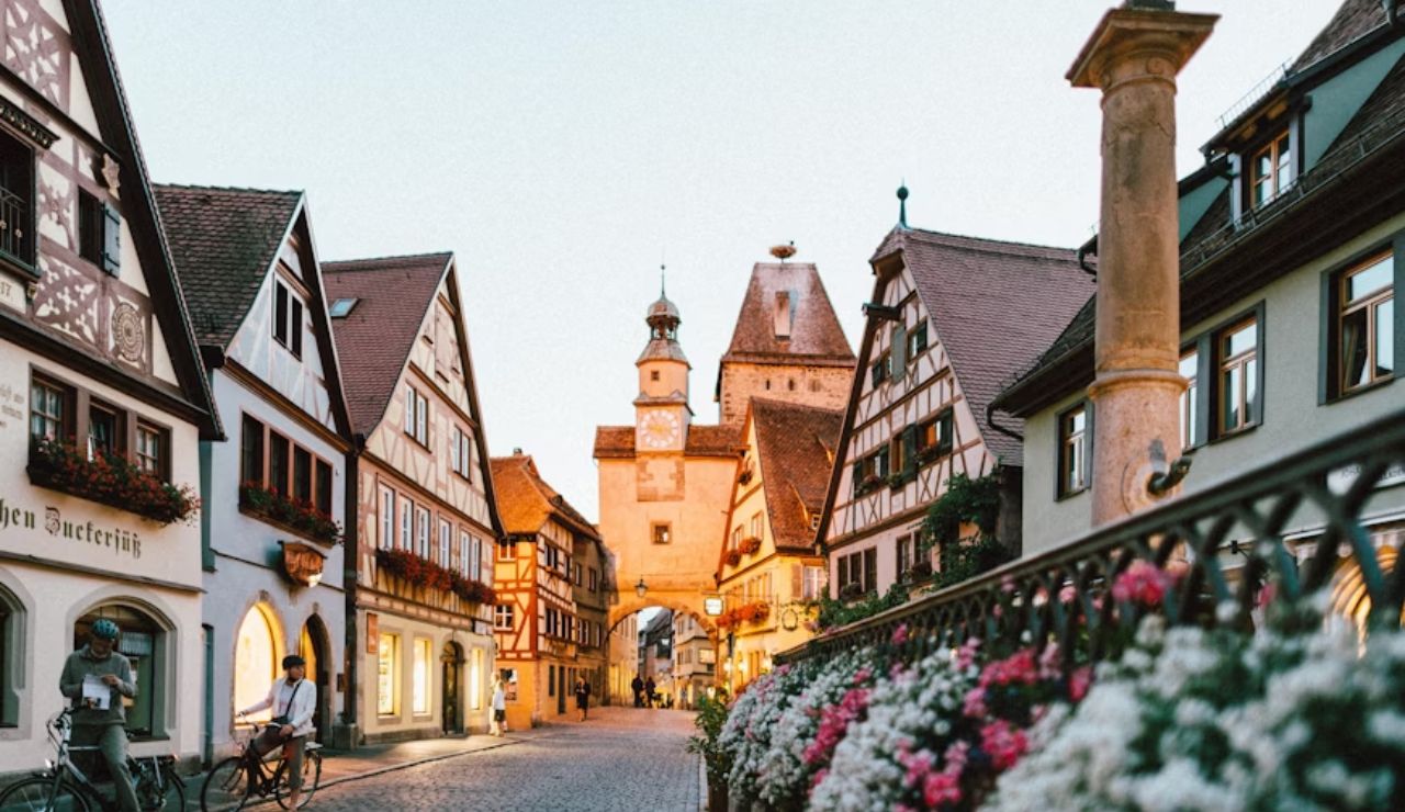 Charming half-timbered houses line the cobbled streets of Rothenburg ob der Tauber, Germany.