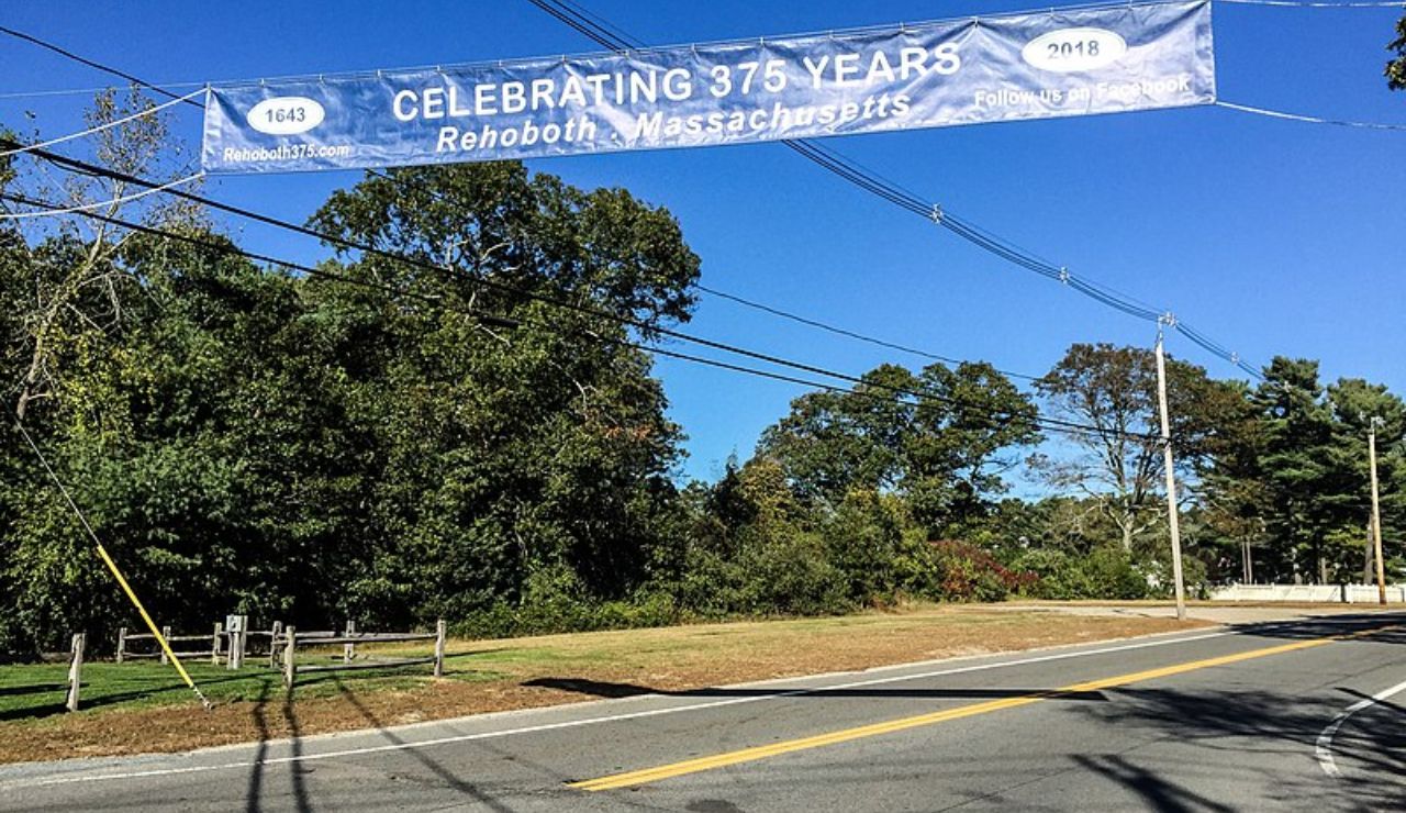 Street banner celebrating 375 years of Rehoboth, Massachusetts, from 1643 to 2018.