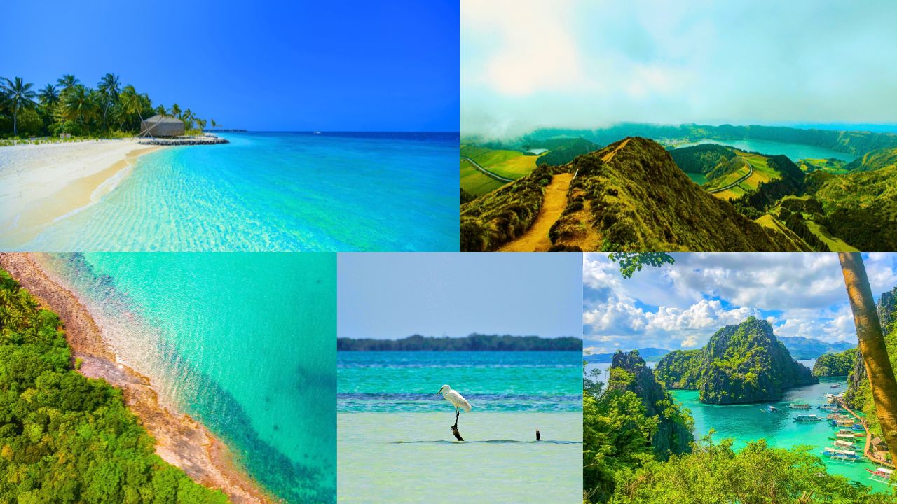 Collage of wide-angle view of a quiet beachs with turquoise waters and no people in sight.