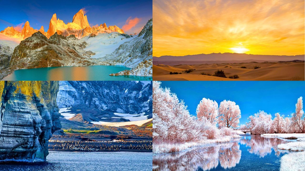 Collage of remote South American landscapes including mountains, jungle, and coastline scenes.