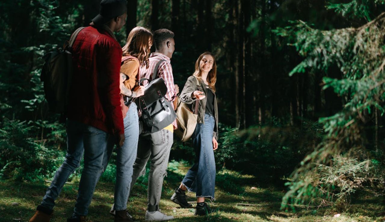 Group of friends hiking in a forest, walking together and sharing a moment.