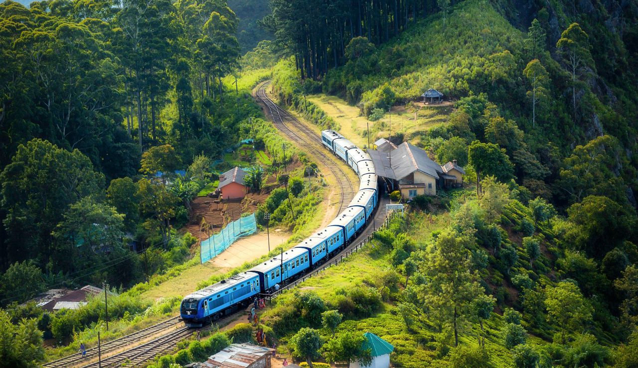  The iconic blue train passing through Sri Lanka’s misty tea fields.