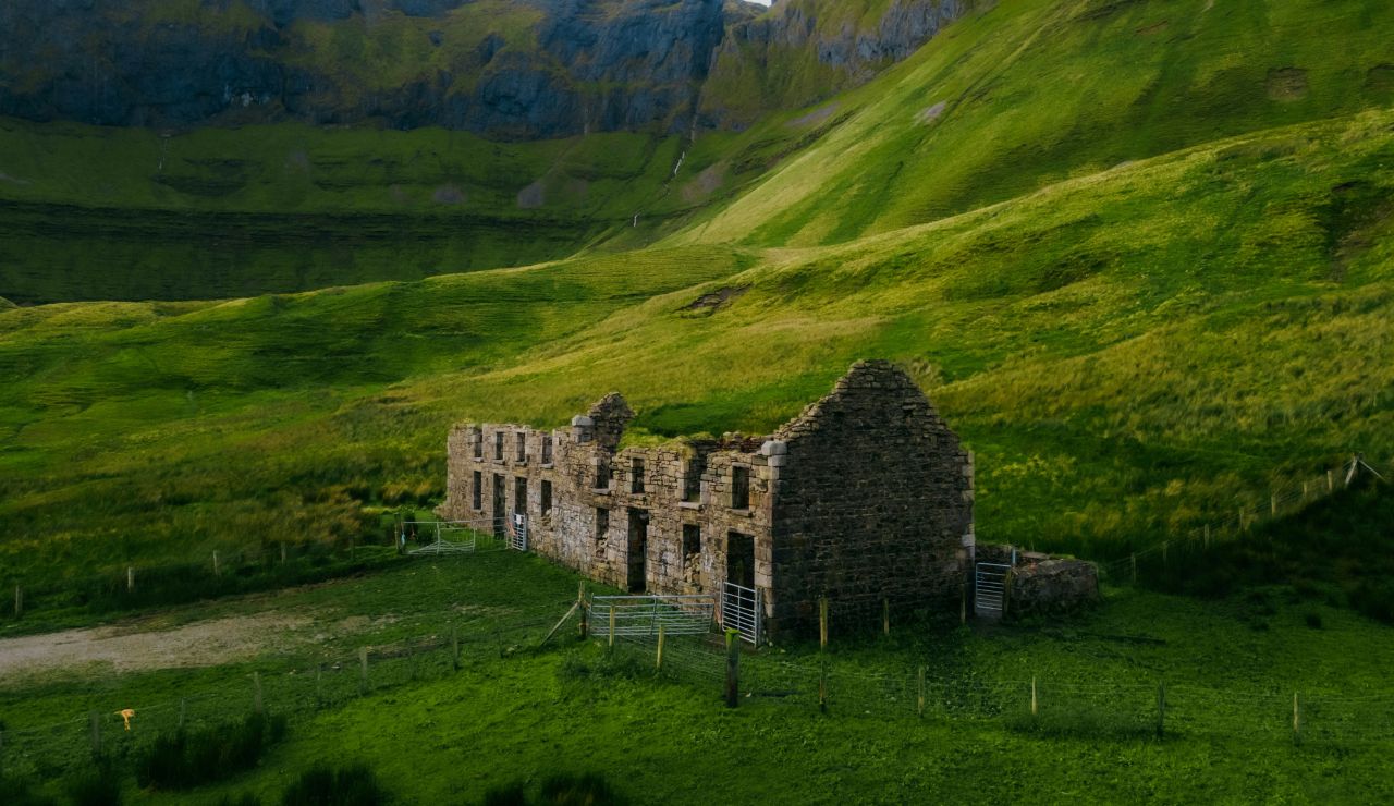 Ruins of stone cottages on the remote Scottish island of St. Kilda.