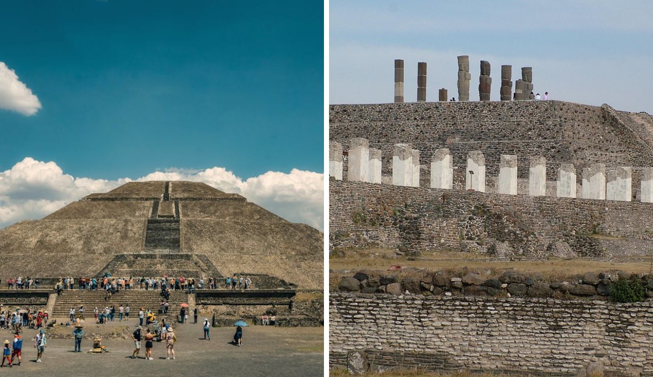 Side-by-side view of Teotihuacan’s Pyramid of the Sun (left) with tourists at its base, and the Tula archaeological site (right) featuring Atlantean warrior statues atop a stepped pyramid.