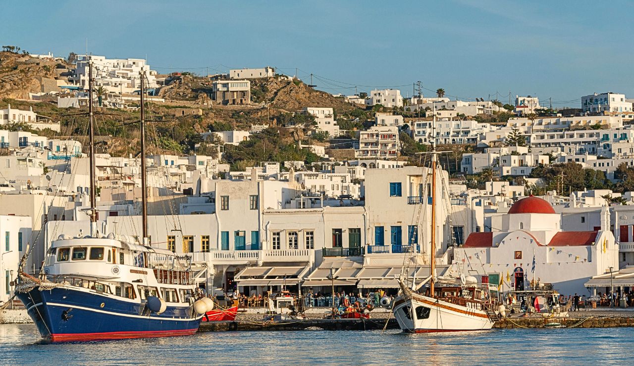 Peaceful hillside village and blue sea on Tilos Island, Greece