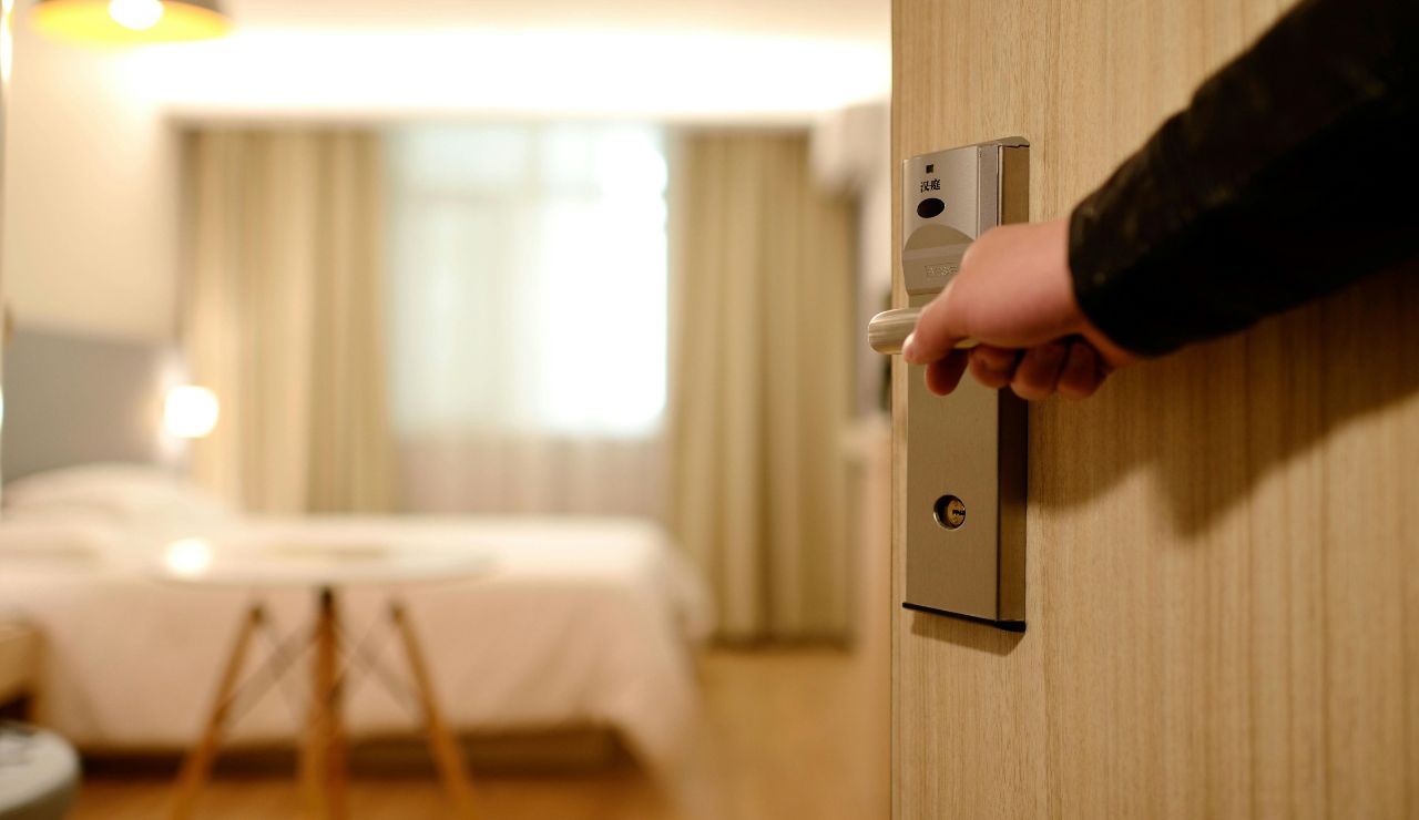 Door stop placed under a hotel room door.