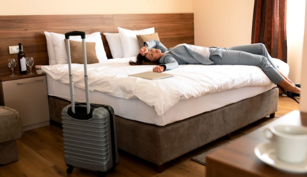 Traveler taking a short nap in a sunny hotel room