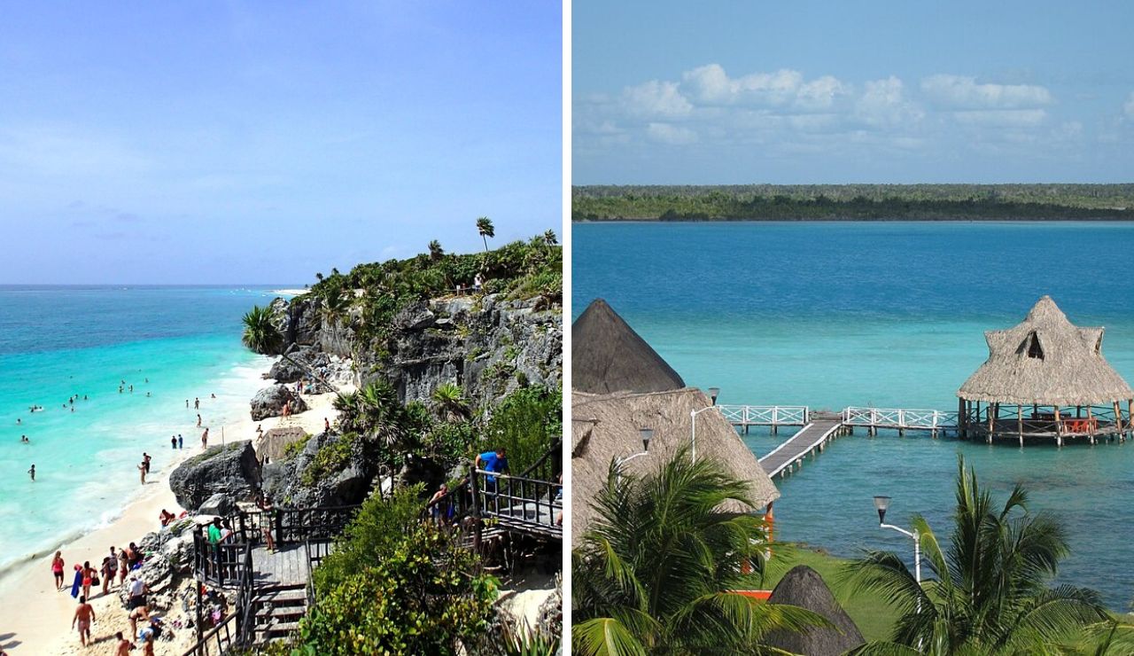 A split view comparing Tulum on the left, with its famous cliffside beach and turquoise waters, and Bacalar on the right, showcasing the tranquil, pristine beauty of the Lagoon of Seven Colors with overwater huts.