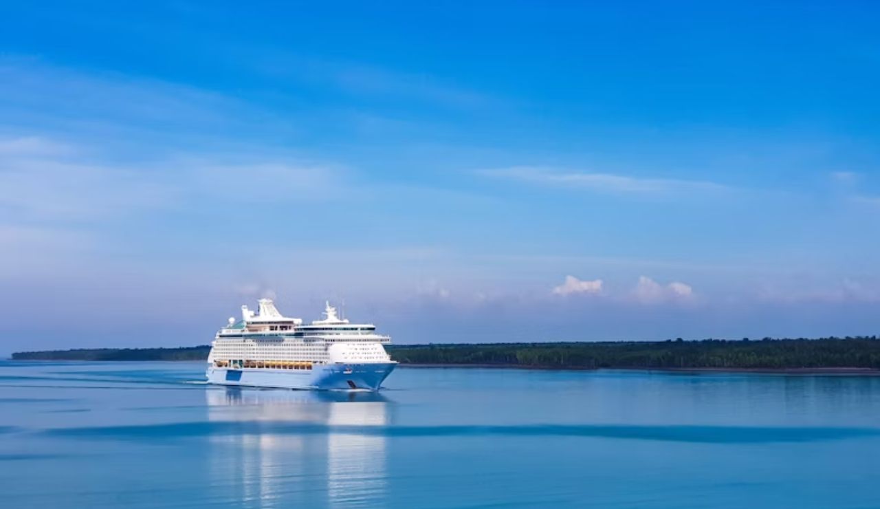White cruise ship sailing on calm blue waters under a clear sky.