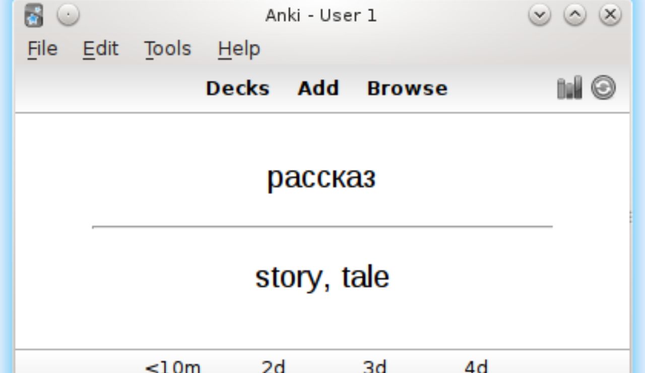 Screenshot of the Anki flashcard app showing the Russian word "рассказ" with its English translation "story, tale."
