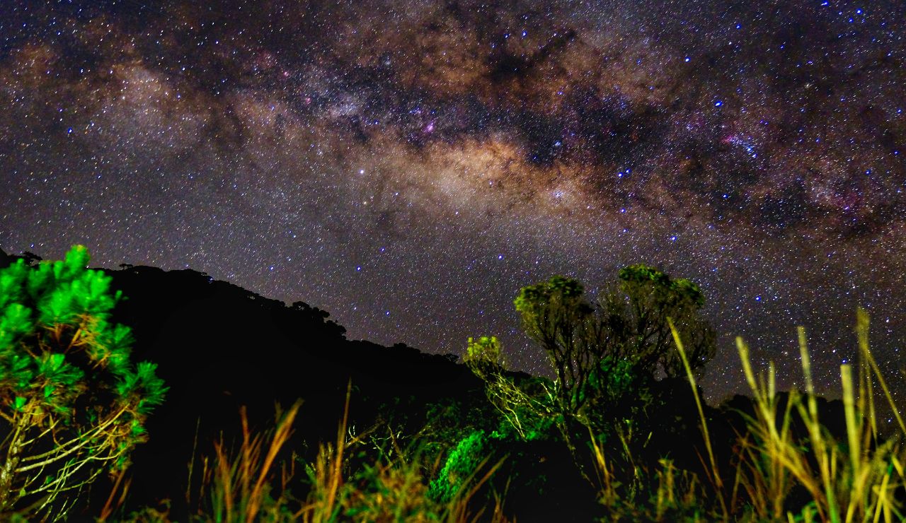 Starry sky above Valle de Elqui vineyards with silhouettes of telescopes.