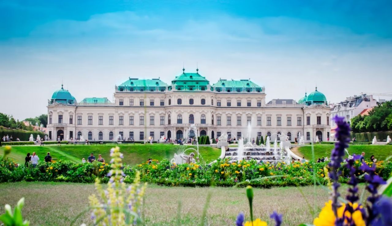 Ornate Belvedere Palace with gardens and fountains in Vienna, Austria.
