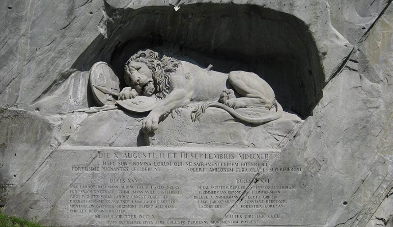 Lion Monument in Lucerne, Switzerland, honoring fallen Swiss Guards of 1792.