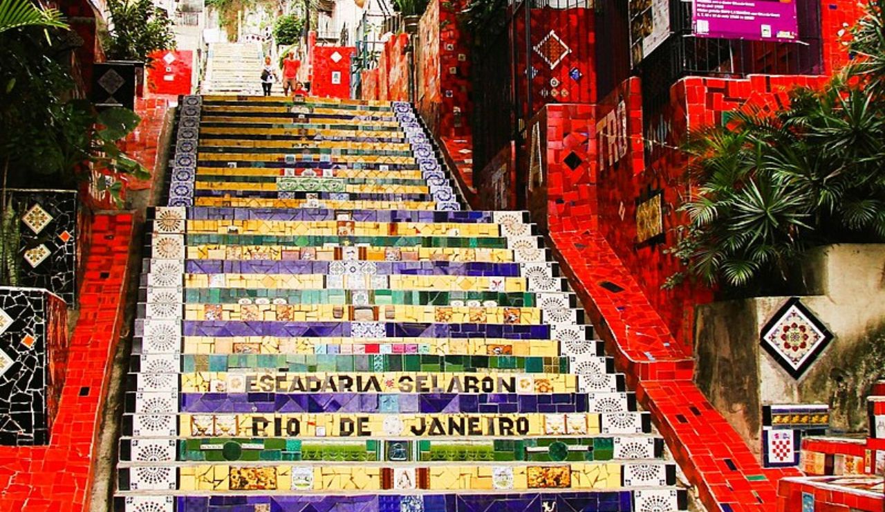 The colorful Escadaria Selarón (Selarón Steps) in Rio de Janeiro, adorned with vibrant mosaics in various colors and patterns.