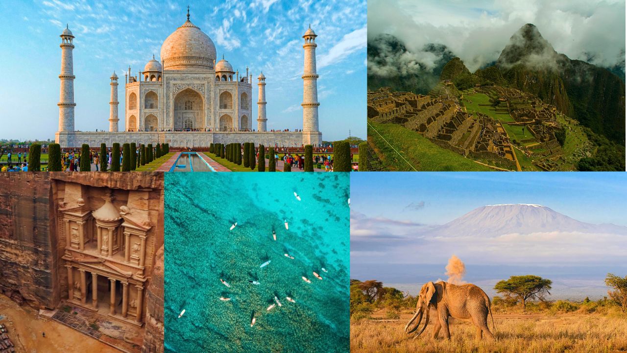 Global landmarks collage including Petra, Taj Mahal, and Machu Picchu