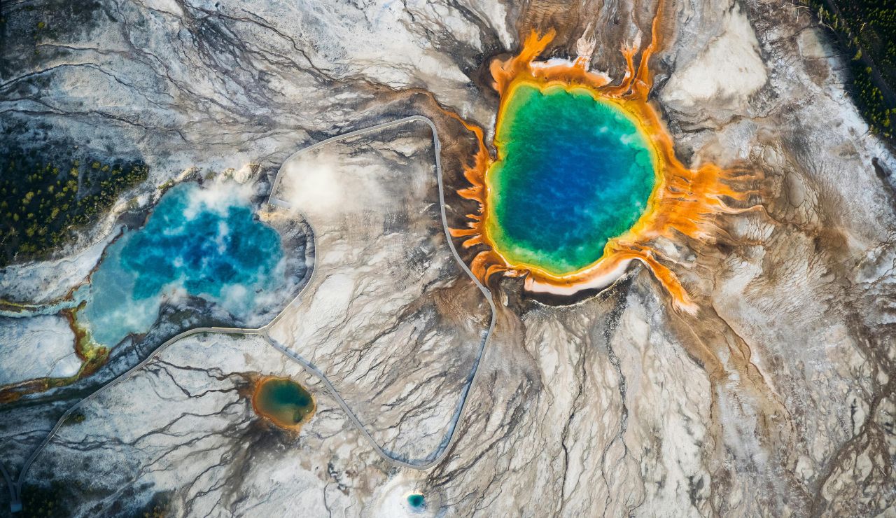 Grand Prismatic Spring with colorful geothermal steam