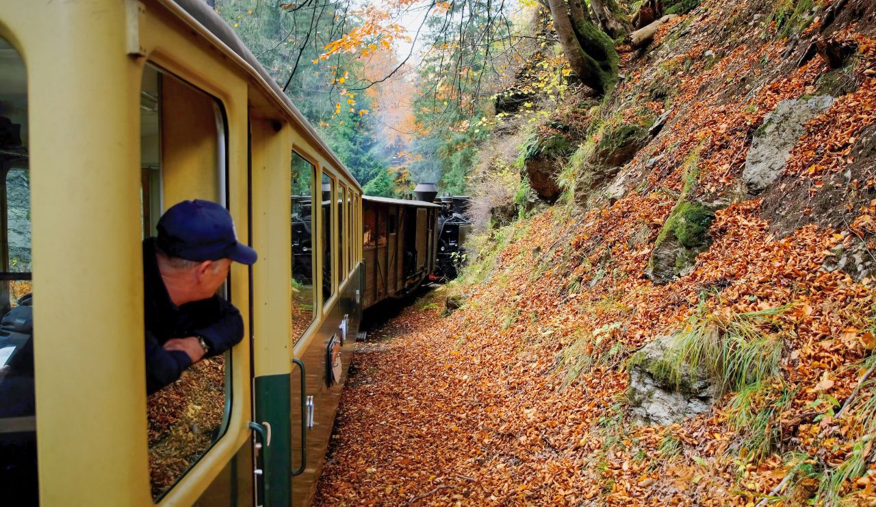 Train winding through vivid autumn foliage with reds, oranges, and golds surrounding granite cliffs.