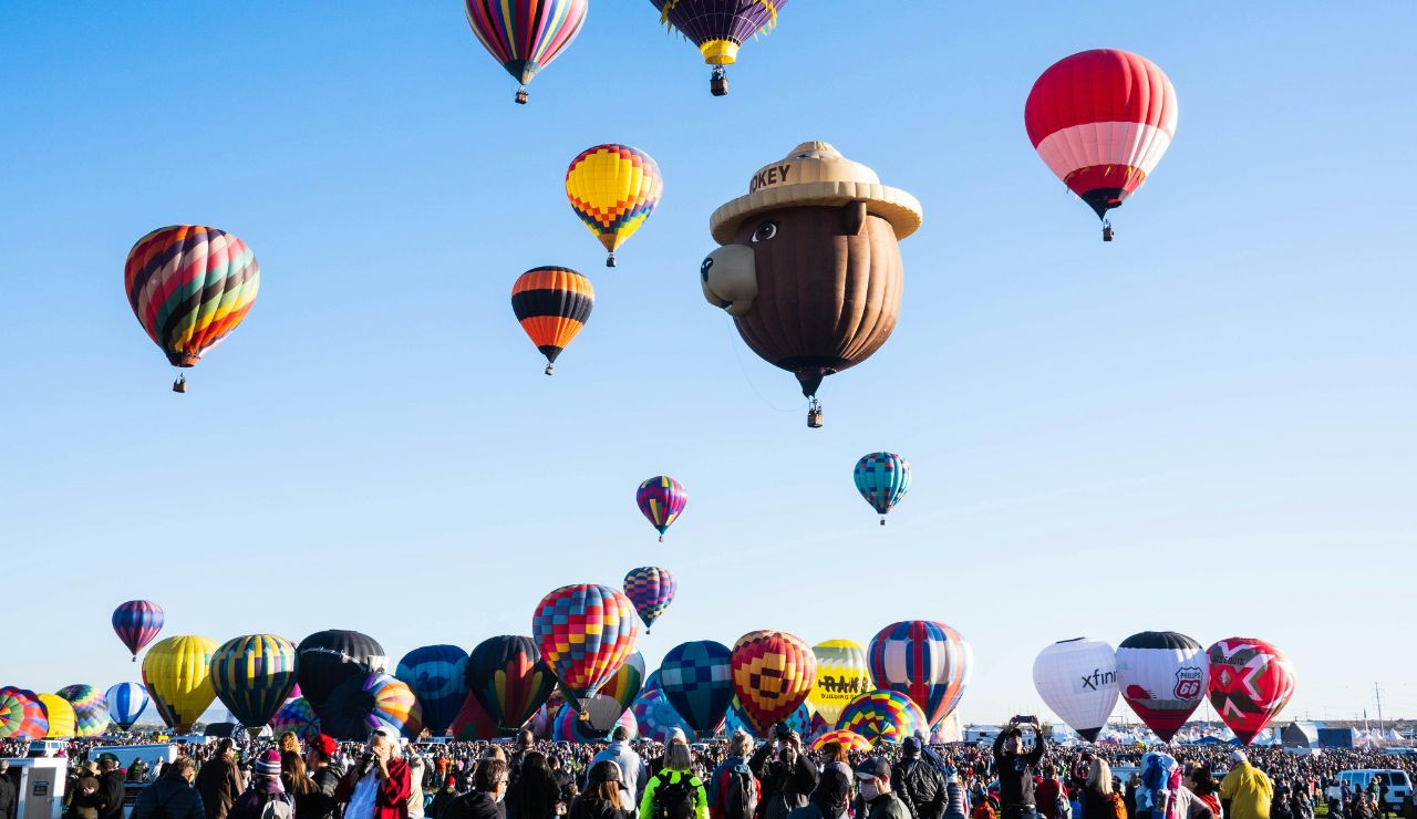 Hot air balloons taking off during Albuquerque Balloon Fiesta.
