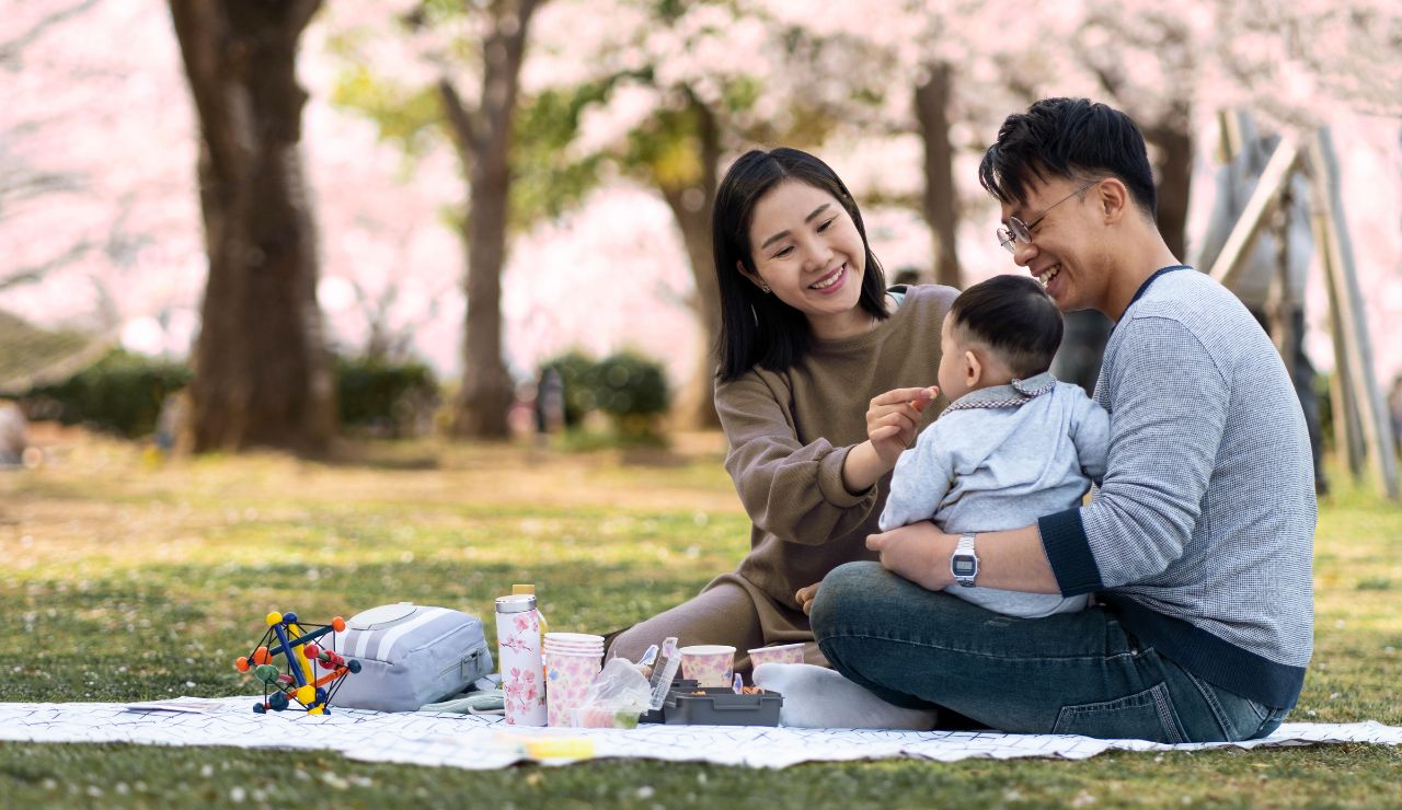 Japanese family picnic in a public park.
