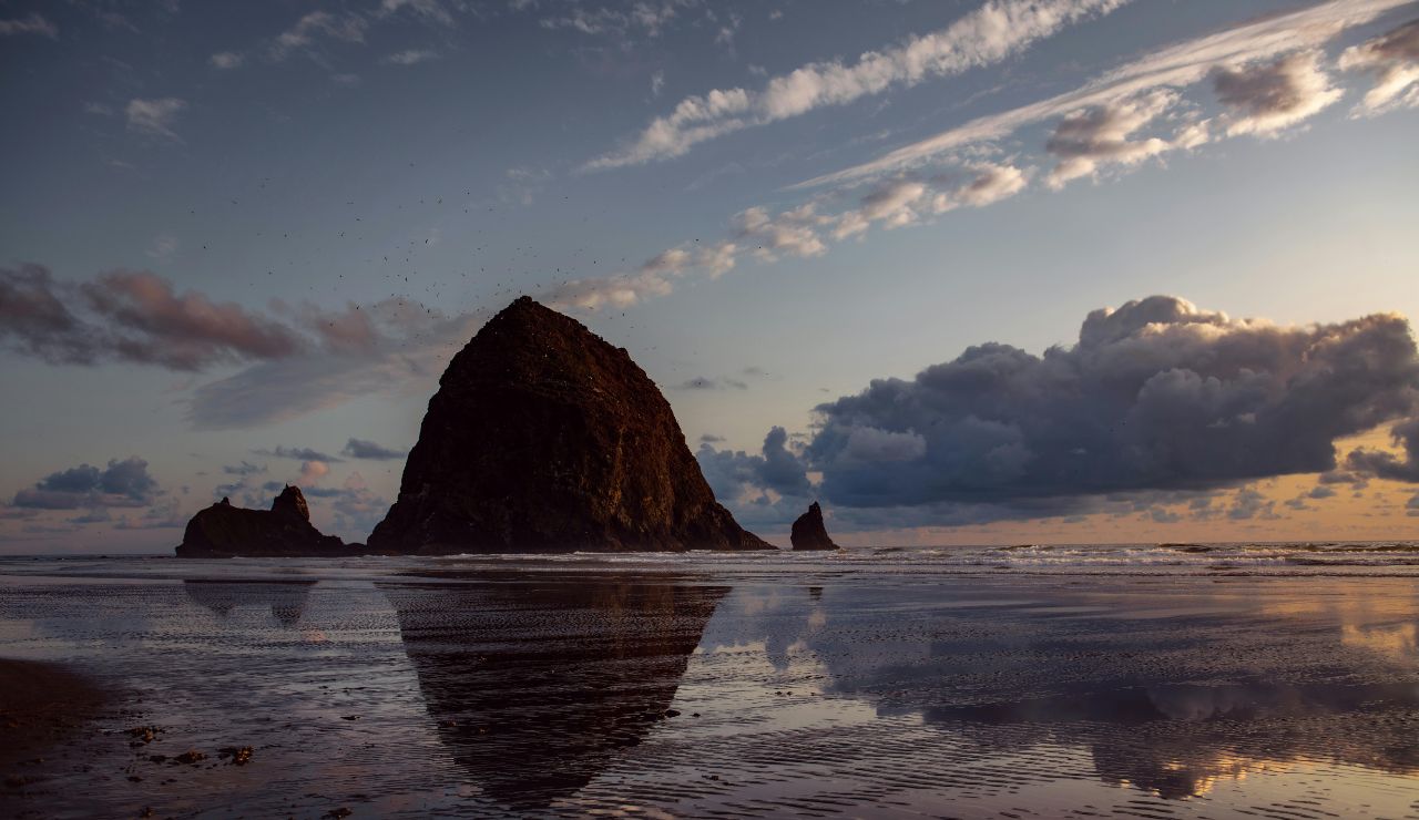 Low tide view showing tide pools, puffins optional, with sunset light
