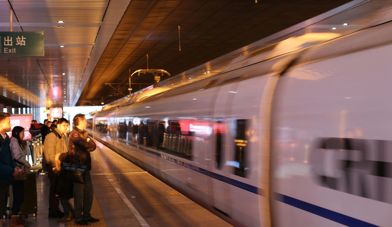 High-speed train ready to depart from city center station