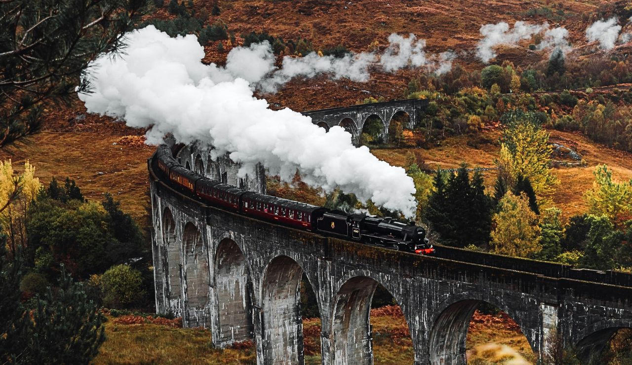 Rustic train moving through boreal forest with rivers visible, emphasizing remoteness and natural beauty.