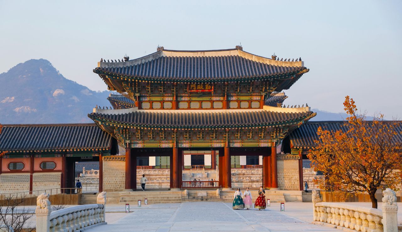 hanbok near Gyeongbokgung Palace in Seoul.