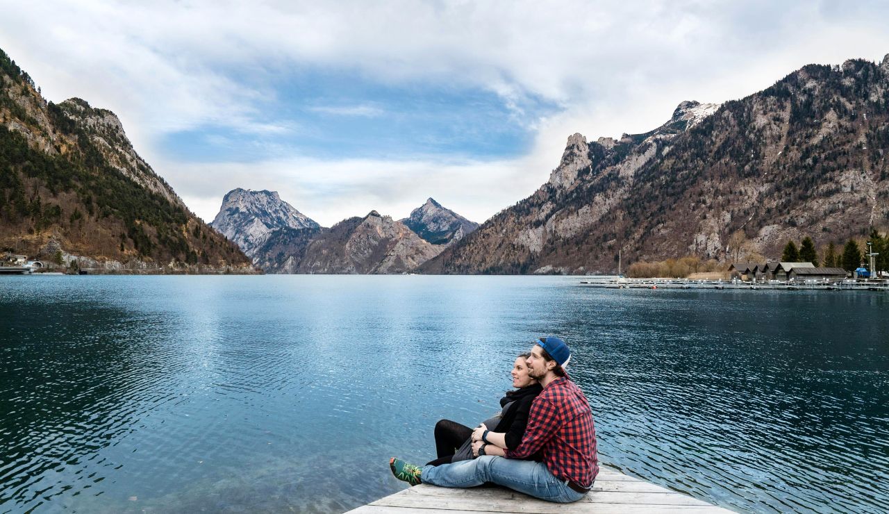 Couple relaxing Blue Lagoon during winter.