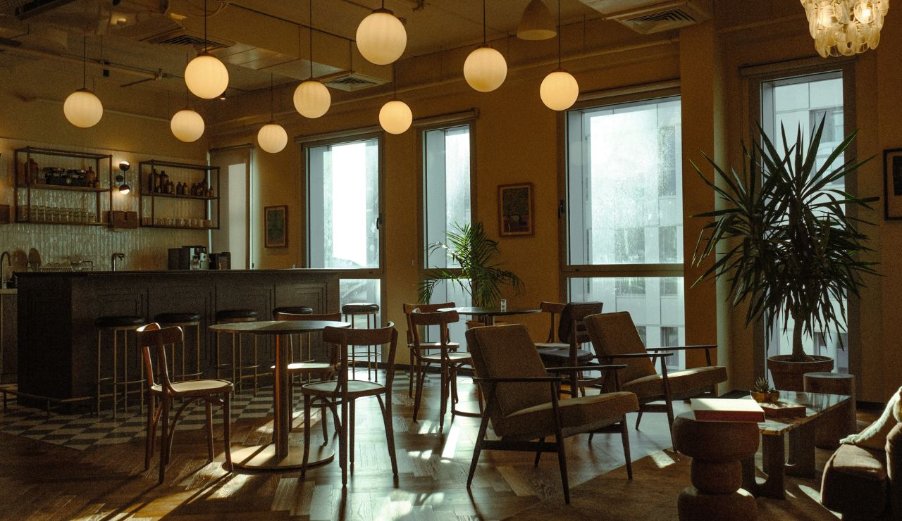 Calm, minimalist interior of Chijuya Café with warm lighting.