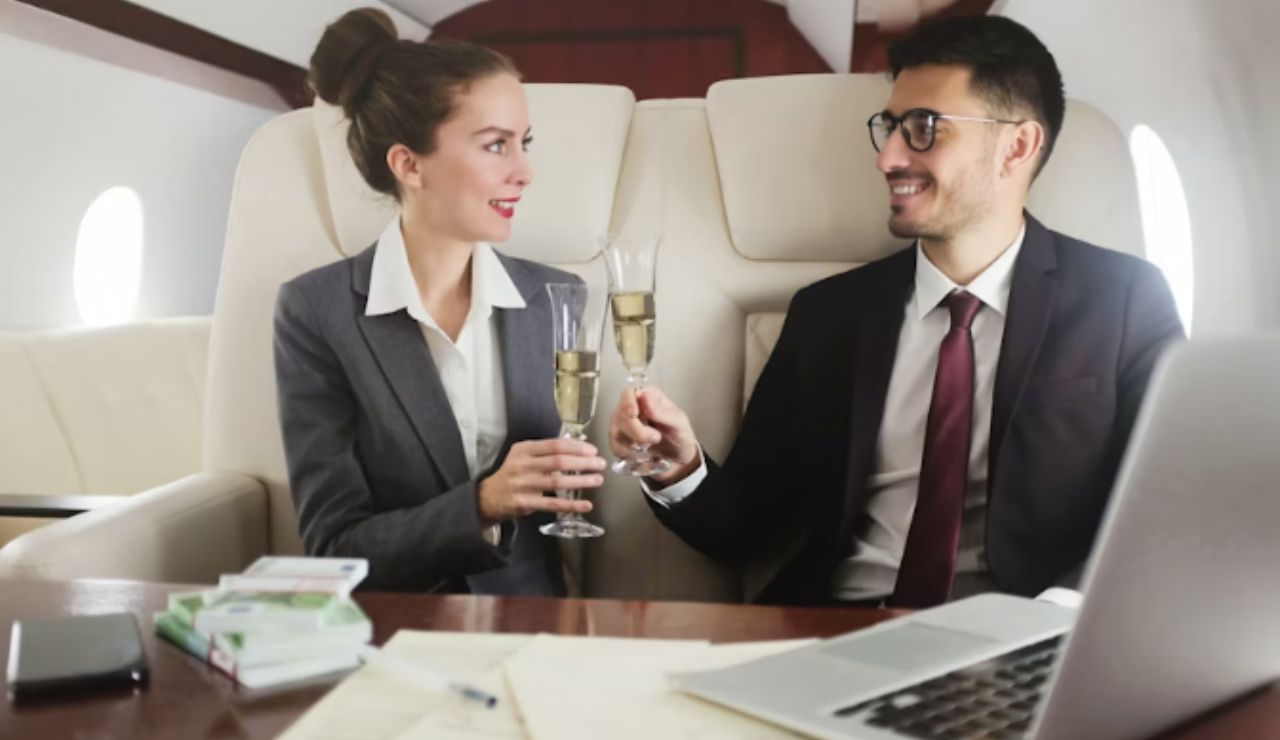 Couple playing a relationship Q&A game during a flight.