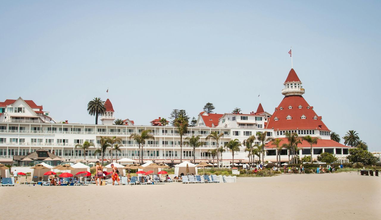 Iconic red-roofed towers of Hotel del Coronado facing the Pacific Ocean
