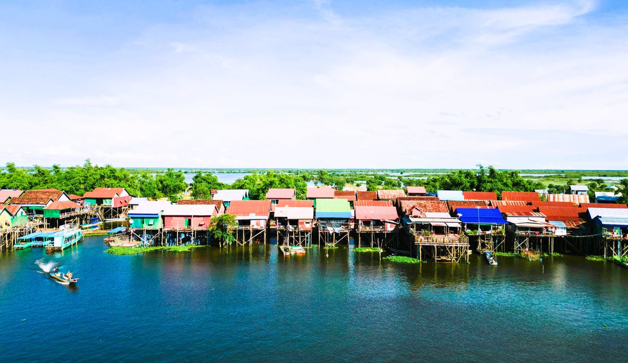 Traditional stilt houses over water in Kampong Phluk, Cambodia