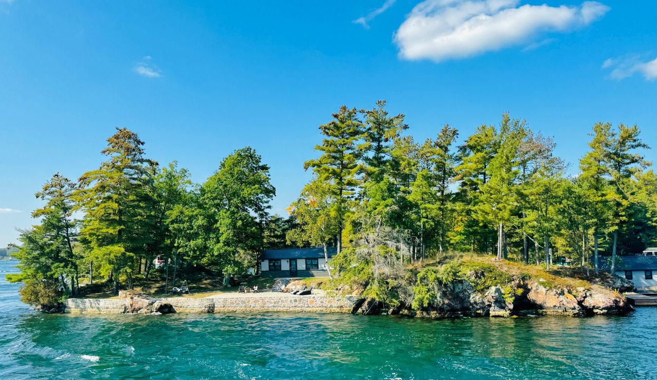 a misty island with forested cliffs and mountain views.