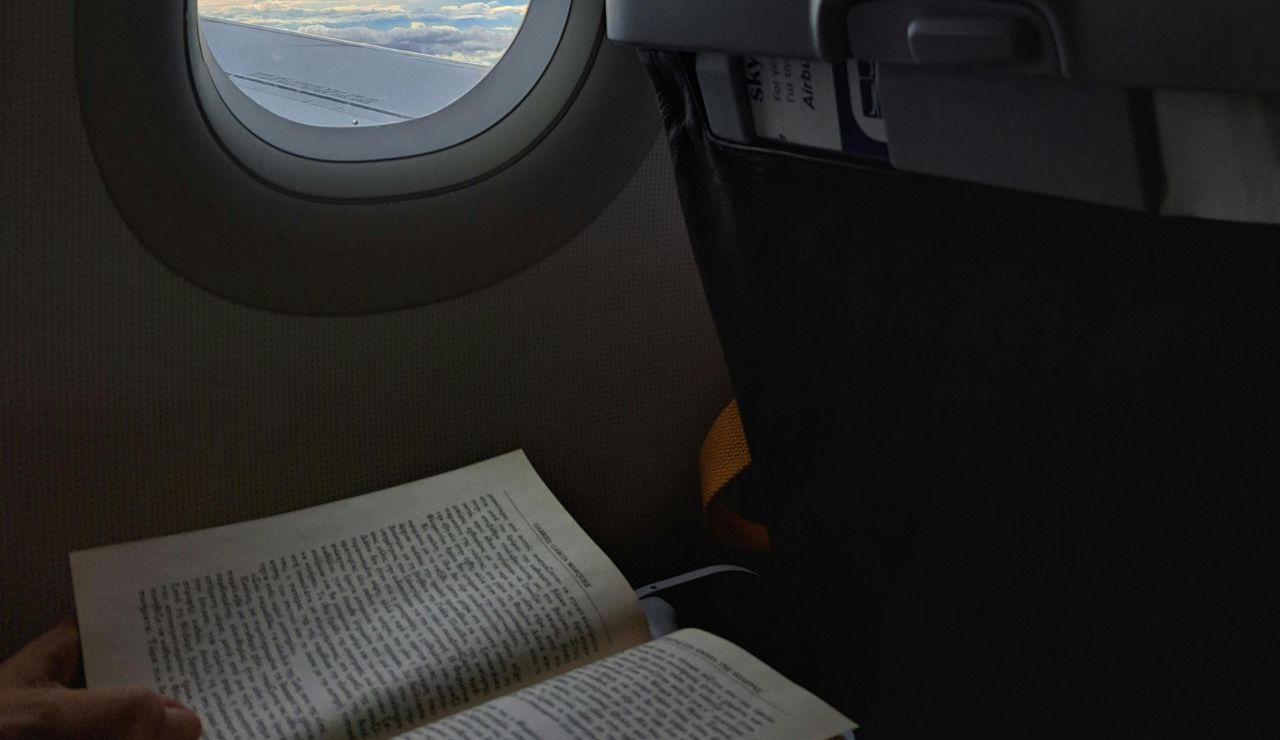 Travel journal open on a plane tray table, shared by a couple mid-flight.