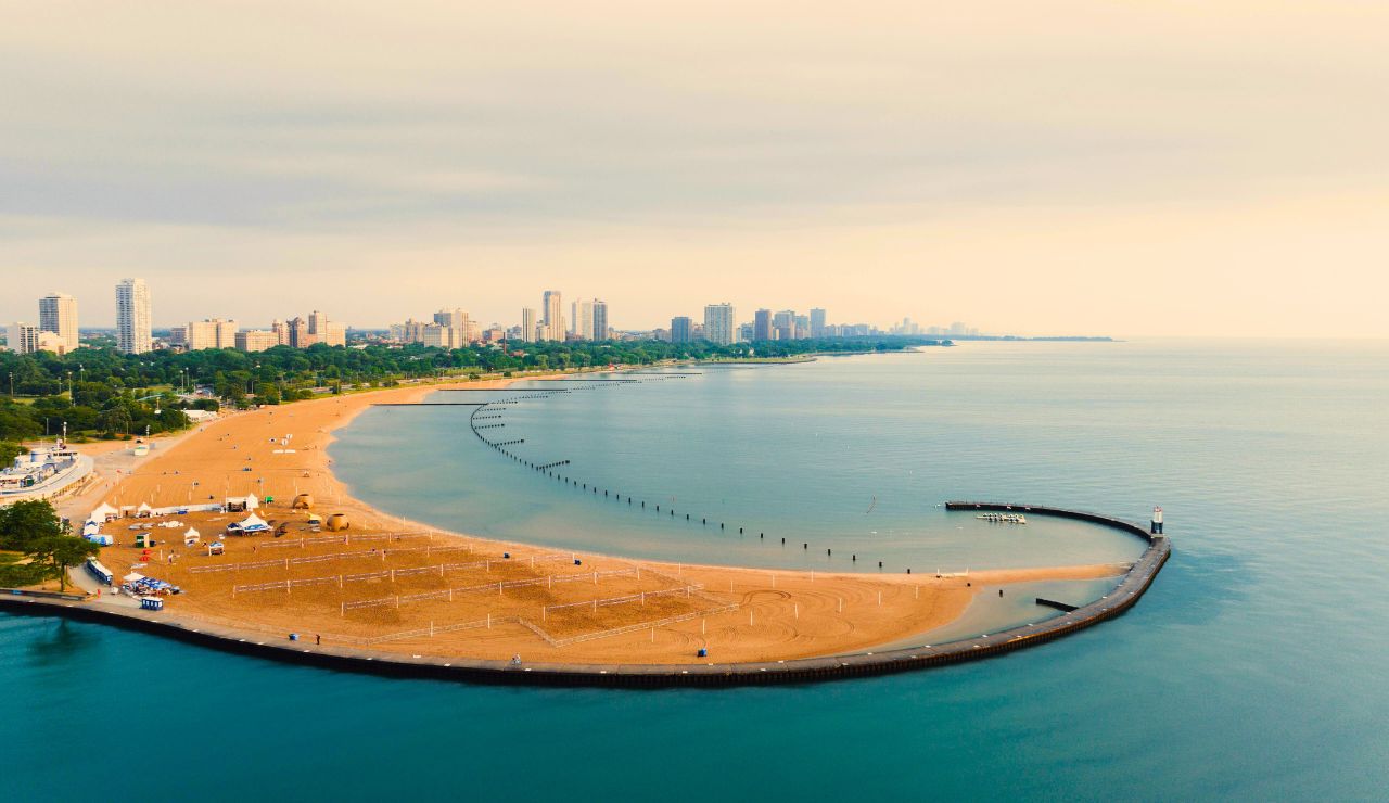 : Lake Michigan shoreline in Traverse City with paddleboards