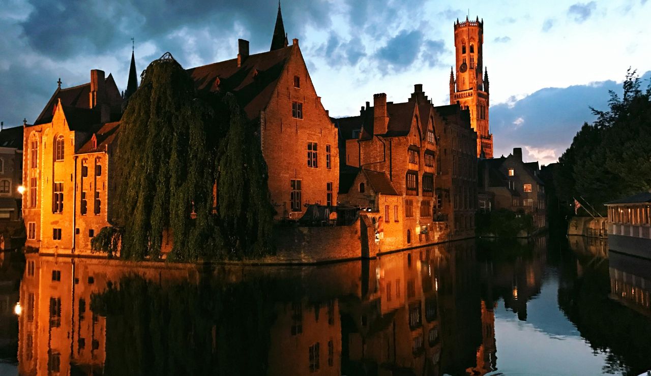 Bruges canals glowing at dusk with swans in the water.