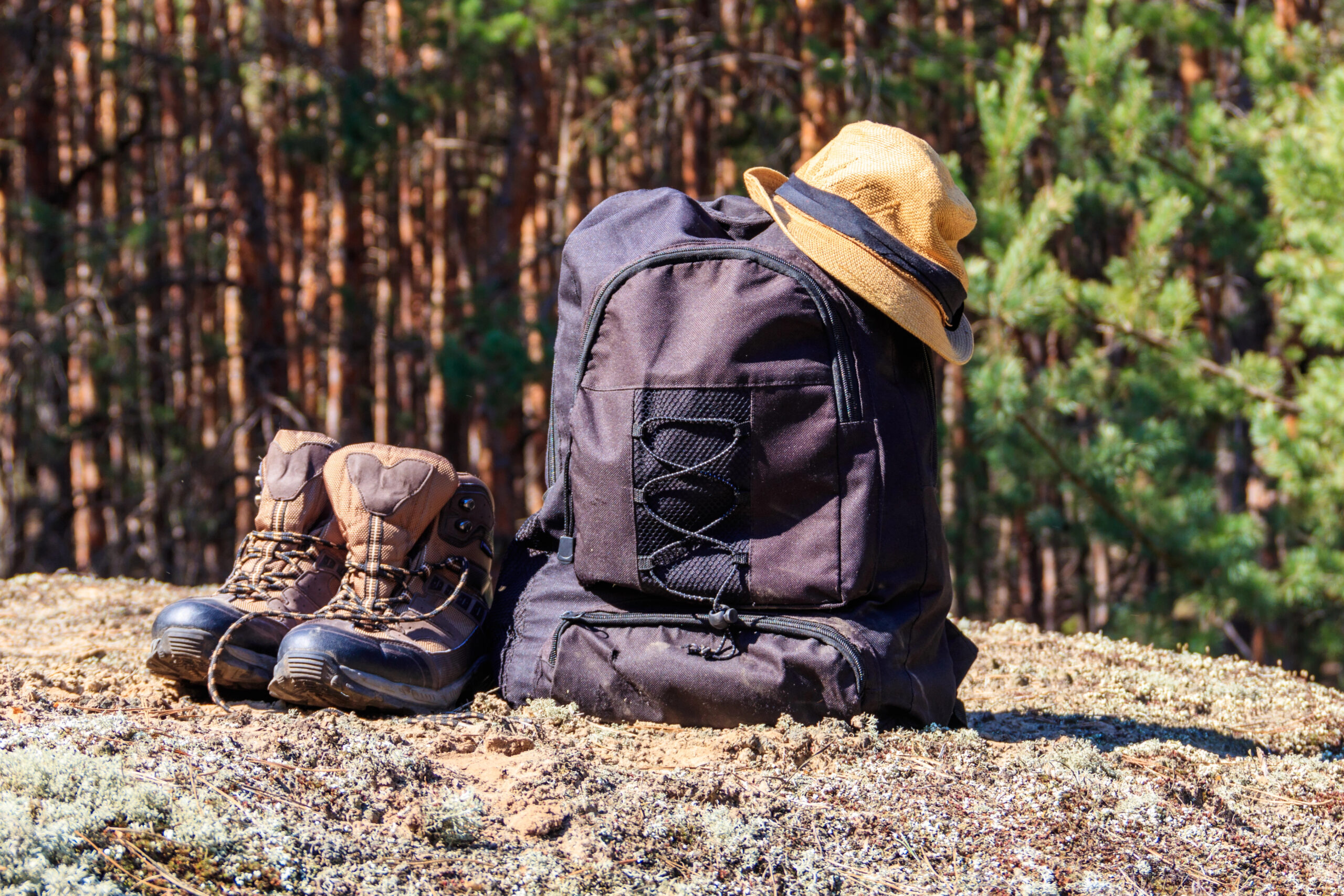 Backpack, hat, and hiking boots resting on a rock with woods in the background.