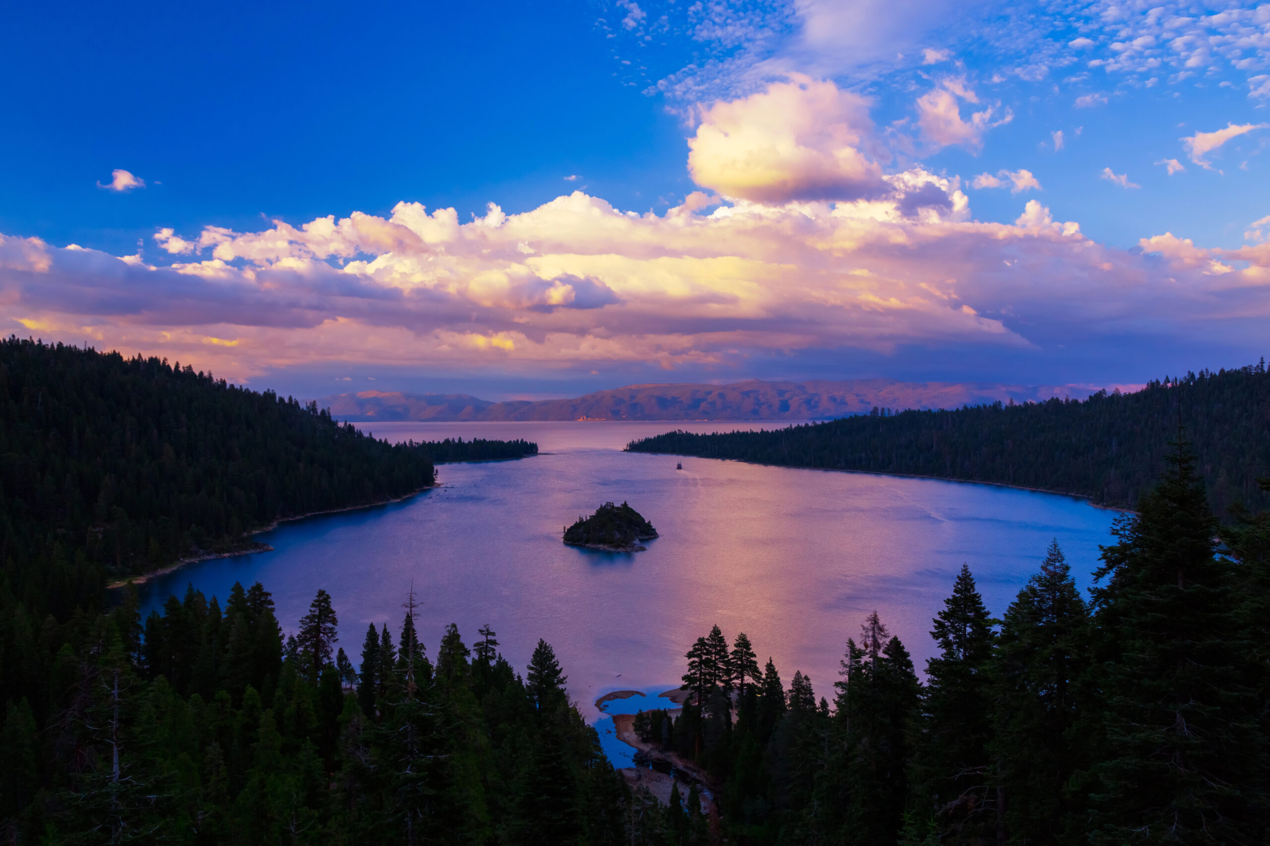Emerald Bay in Lake Tahoe at sunset.