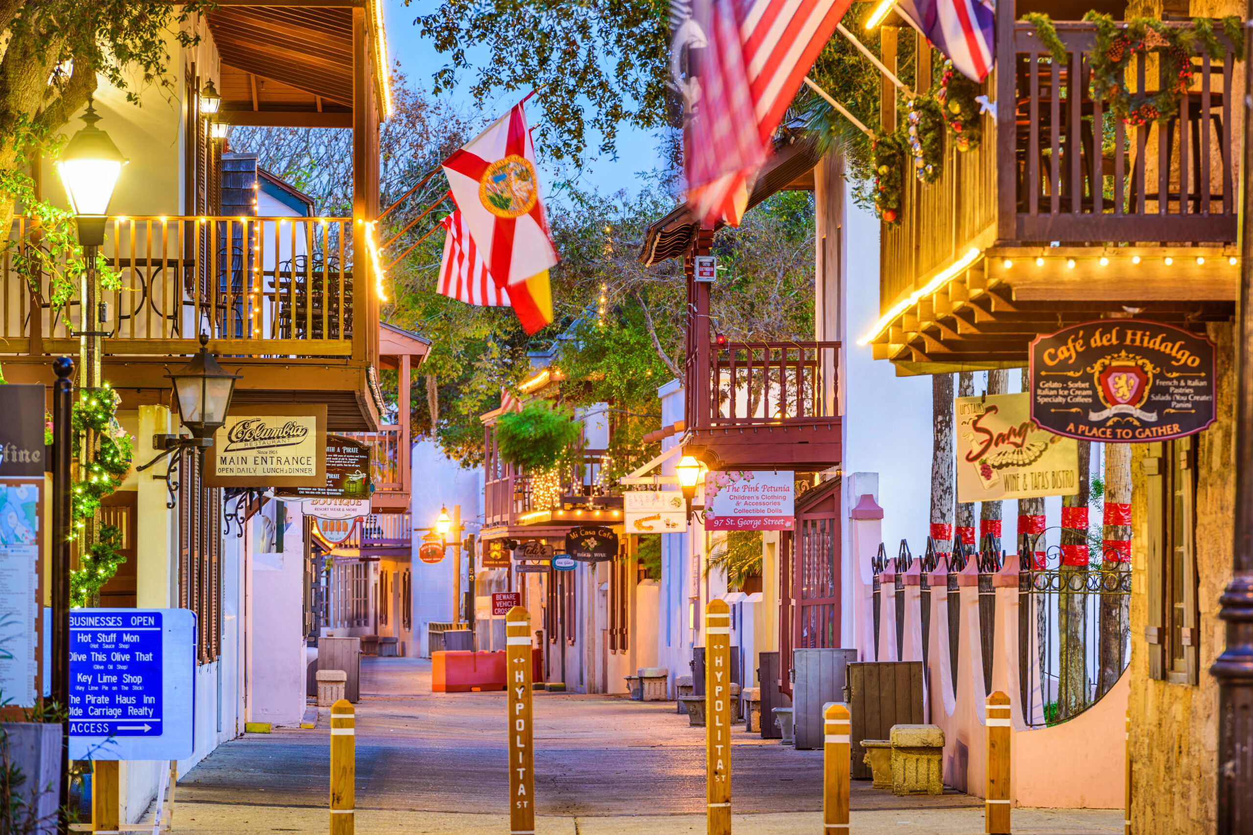 Romantically lit street in downtown St. Augustine.