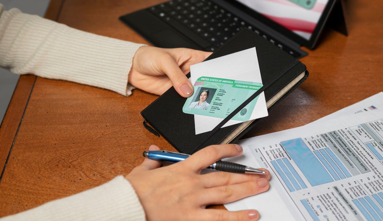 Phone scanning passport and visa with backup copies visible in cloud storage folder.