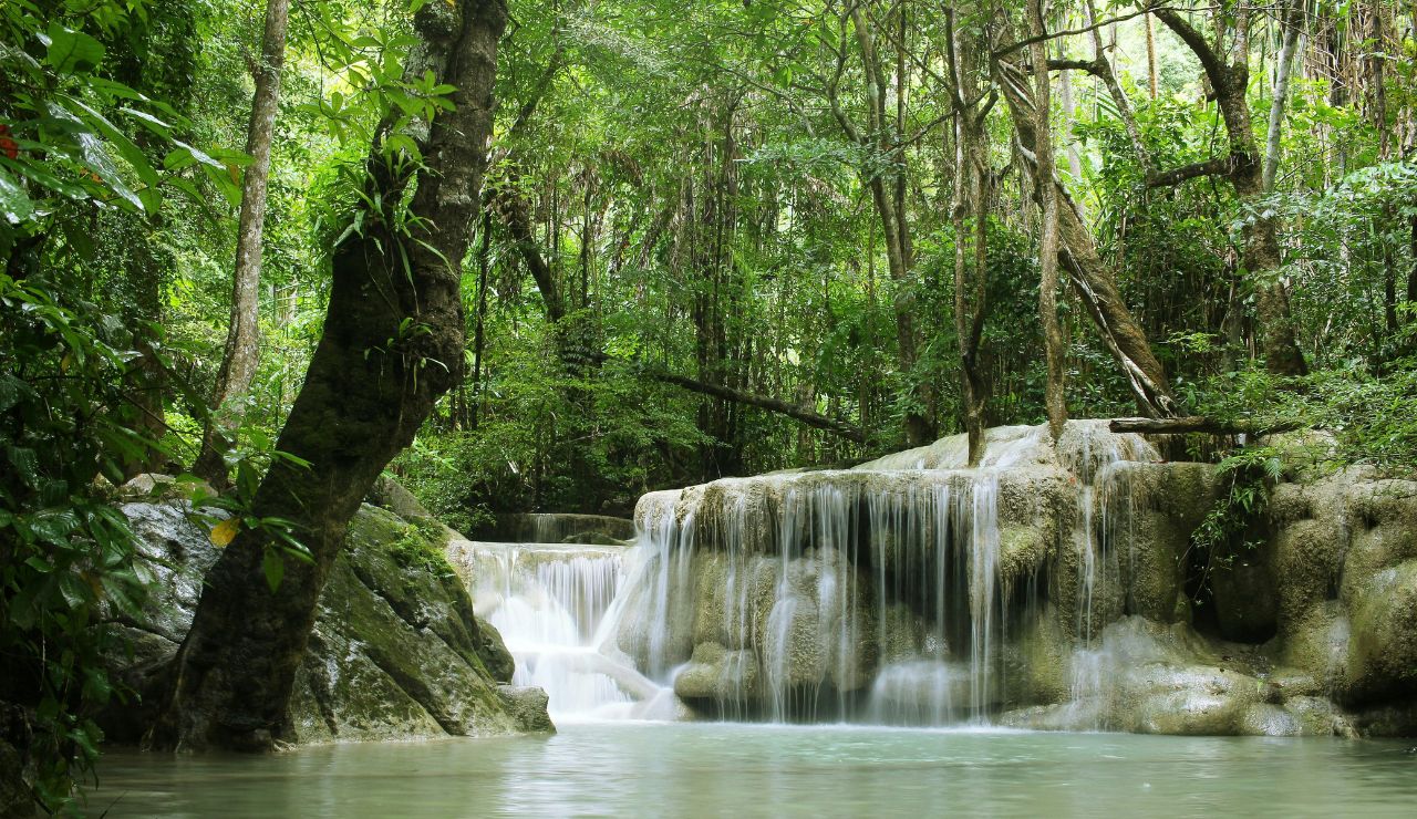 Erawan Falls cascading into turquoise pools in the jungle