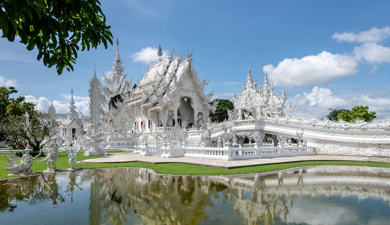 The gleaming White Temple in Chiang Rai with ornate details