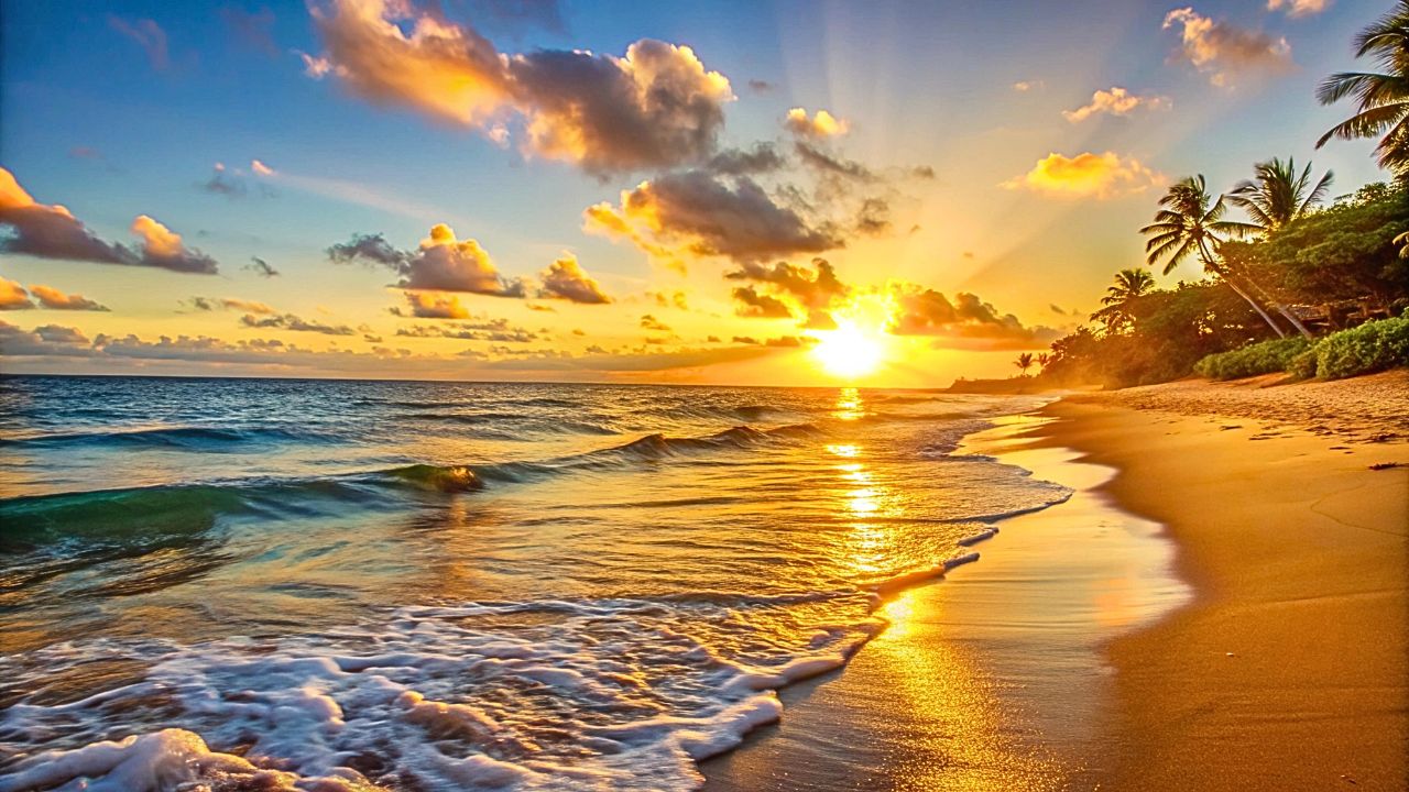 A golden Hawaiian coastline at sunset with waves crashing, symbolizing respectful travel.