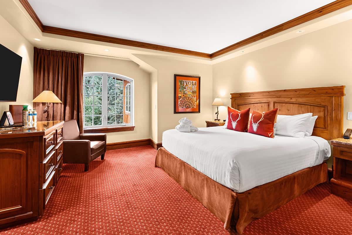 Hotel room featuring a large bed with two red pillows, desk and chair, bottled water, TV, and a window overlooking scenery.