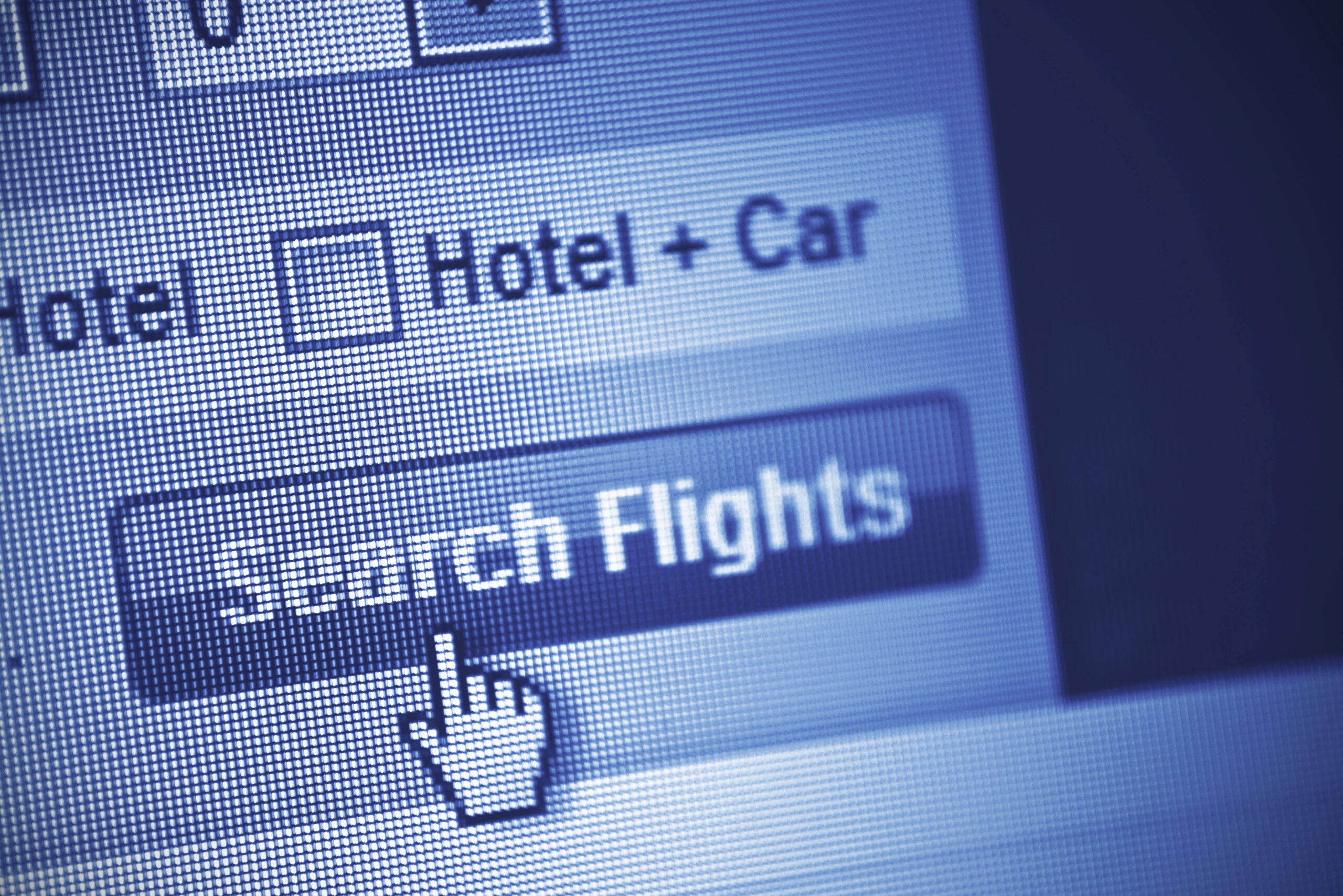 Cursor hovers over "Search Flights" on a computer screen with a "Hotel + Car" checkbox visible above.